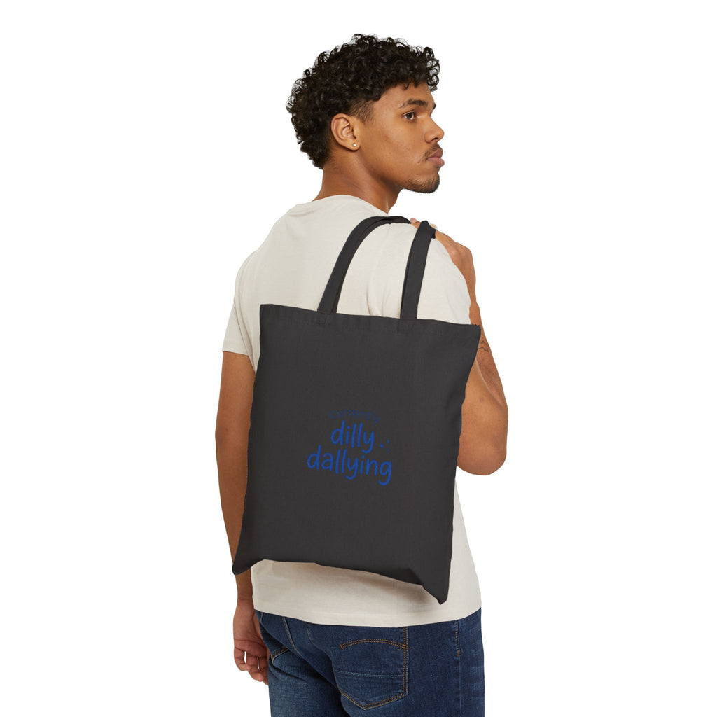 currently dilly dallying tote, canvas tote bag, procrastination meme, handwritten vintage slogan