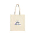 currently dilly dallying tote, canvas tote bag, procrastination meme, handwritten vintage slogan