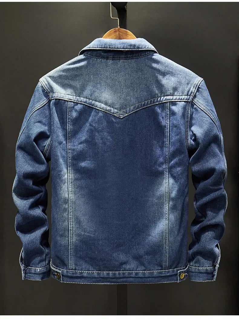 Men Denim Jacket Single Breasted Cardigan Turn Down Collar Coats Washed Loose Solid Pockets Button Casual Thicken Spliced