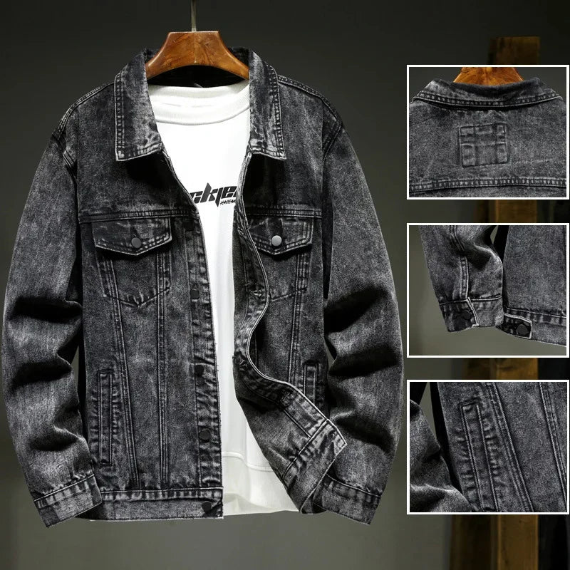 Men Denim Jacket Single Breasted Cardigan Turn Down Collar Coats Washed Loose Solid Pockets Button Casual Thicken Spliced