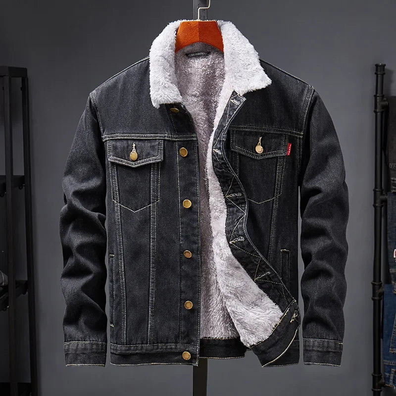 Men Denim Jacket Single Breasted Cardigan Turn Down Collar Coats Washed Loose Solid Pockets Button Casual Thicken Spliced