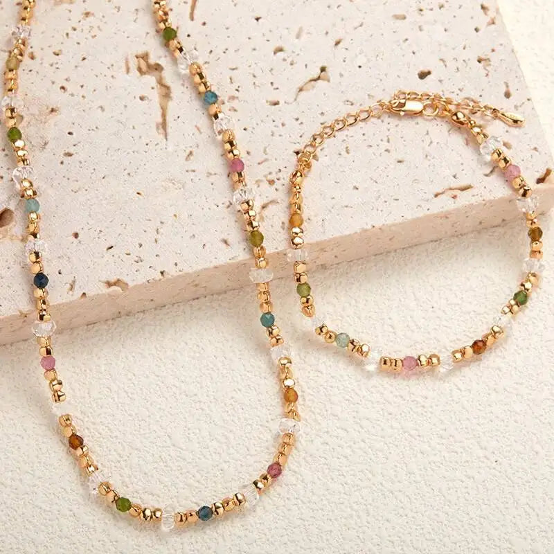 Natural Tourmaline White Crystal S925 Silver Beaded Strand Jewelry Sets With Necklace And Bracelet For Women Dainty Luxury Gift
