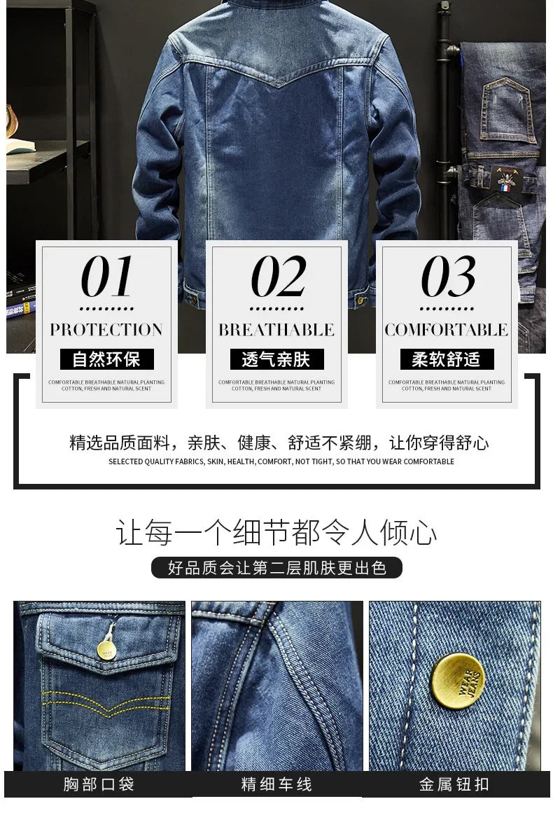 Men Denim Jacket Single Breasted Cardigan Turn Down Collar Coats Washed Loose Solid Pockets Button Casual Thicken Spliced