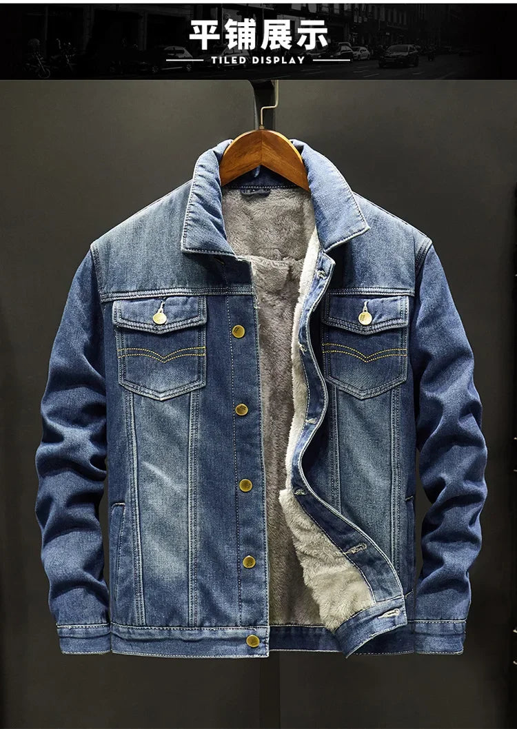 Men Denim Jacket Single Breasted Cardigan Turn Down Collar Coats Washed Loose Solid Pockets Button Casual Thicken Spliced