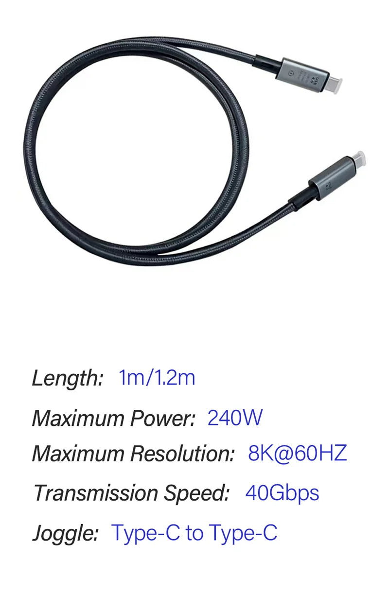 USB4 Cable Thunderbolt 3/4 40Gbps USB-C 8K Video Cable PD240W Fast Charger Suitable for iPhone 16 Macbook Hard Disk Data Cable