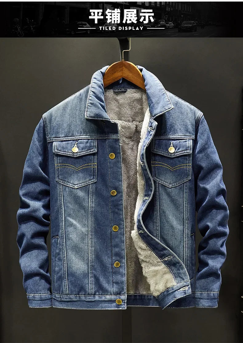 Men Denim Jacket Single Breasted Cardigan Turn Down Collar Coats Washed Loose Solid Pockets Button Casual Thicken Spliced