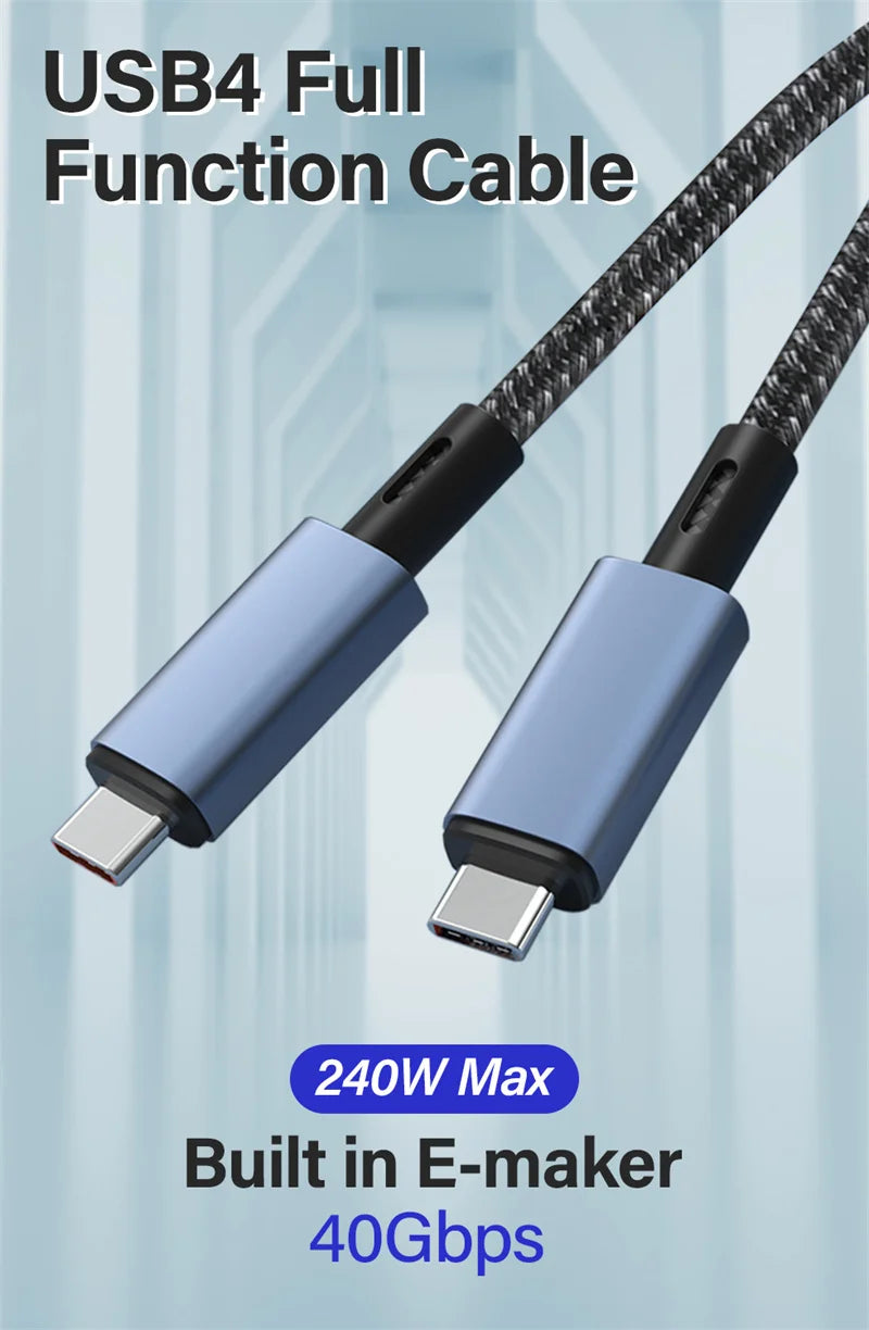 USB4 Cable Thunderbolt 3/4 40Gbps USB-C 8K Video Cable PD240W Fast Charger Suitable for iPhone 16 Macbook Hard Disk Data Cable