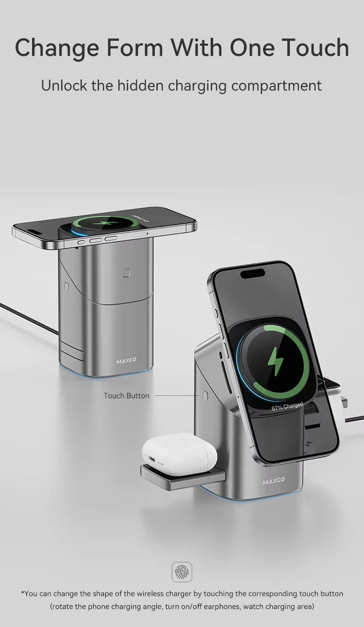 2026 Qi2 Automatic Touch Magnetic Multi-function 3 in 1 Wireless Charger for Iphone17 16 15 14 13 Pro Max Iwatch Airpods Charger