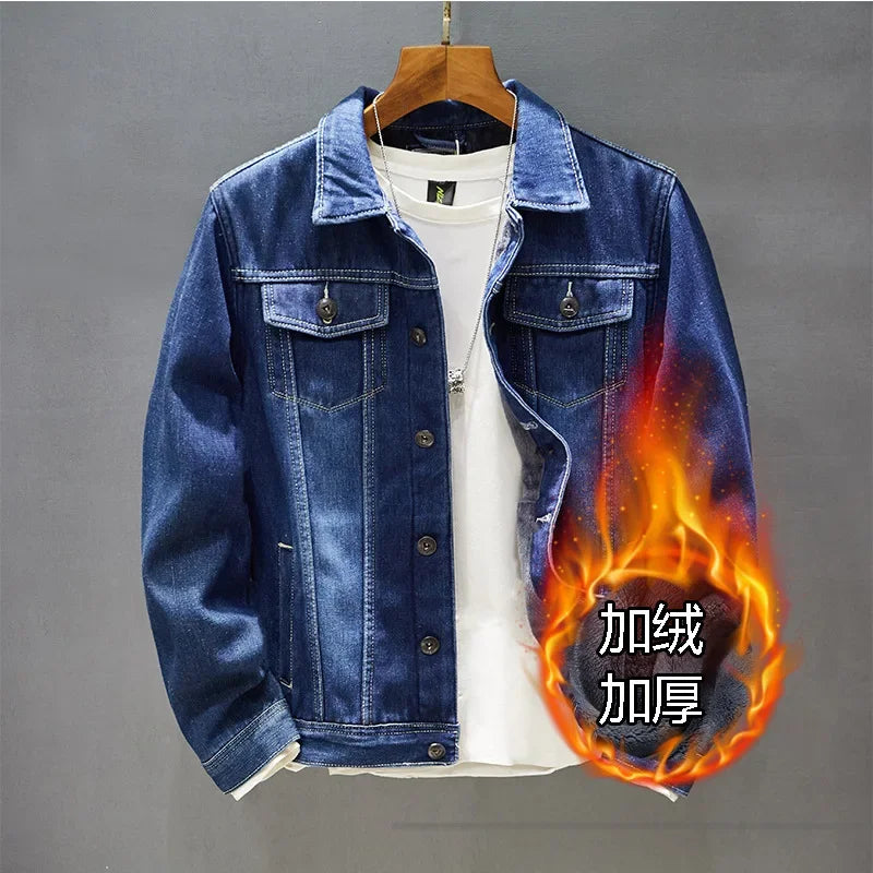 Men Denim Jacket Single Breasted Cardigan Turn Down Collar Coats Washed Loose Solid Pockets Button Casual Thicken Spliced