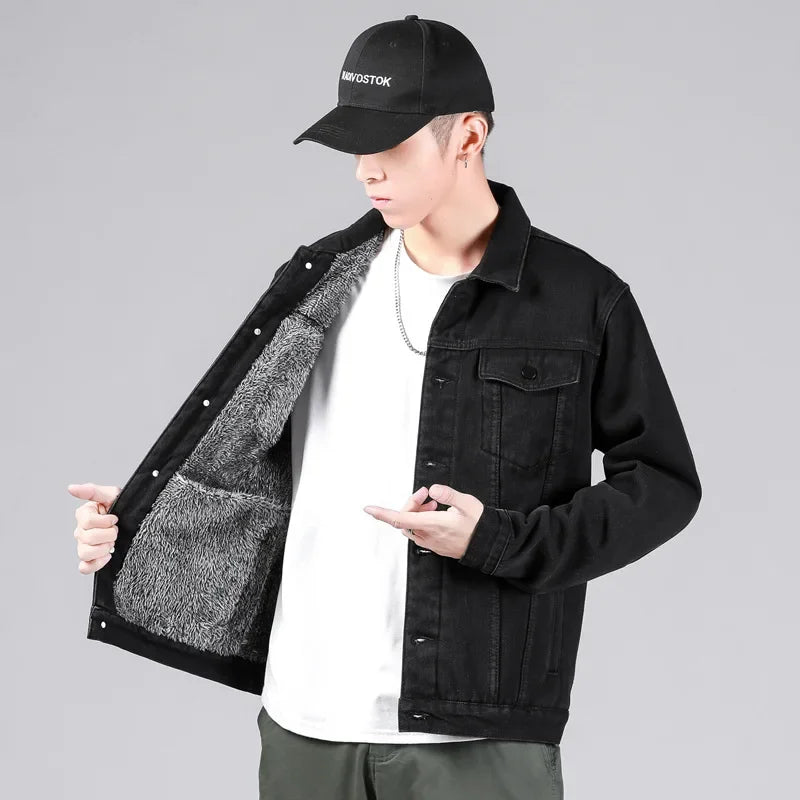 Men Denim Jacket Single Breasted Cardigan Turn Down Collar Coats Washed Loose Solid Pockets Button Casual Thicken Spliced