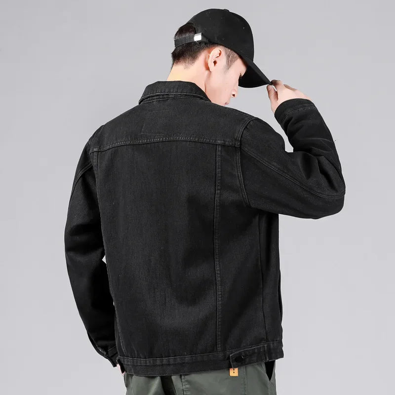 Men Denim Jacket Single Breasted Cardigan Turn Down Collar Coats Washed Loose Solid Pockets Button Casual Thicken Spliced