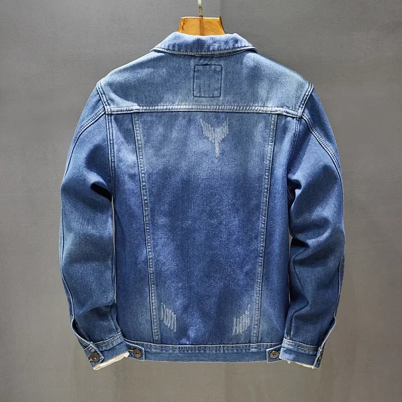 Men Denim Jacket Single Breasted Cardigan Turn Down Collar Coats Washed Loose Solid Pockets Button Casual Thicken Spliced