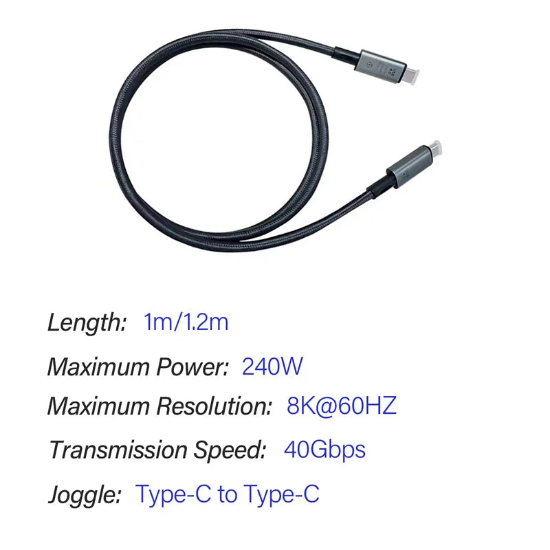 USB4 Cable Thunderbolt 3/4 40Gbps USB-C 8K Video Cable PD240W Fast Charger Suitable for iPhone 16 Macbook Hard Disk Data Cable