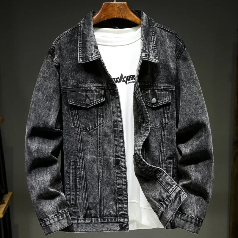 Men Denim Jacket Single Breasted Cardigan Turn Down Collar Coats Washed Loose Solid Pockets Button Casual Thicken Spliced